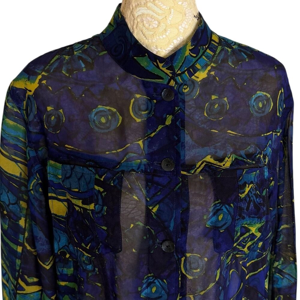 Chicos Silk Blouse Top Shirt Sheer Button Front Geometric Blue 1 US M 8 - Picture 3 of 7